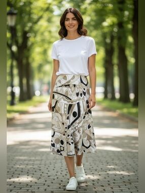 Kate Hill Silk/ Linen Abstract Print A-Line Skirt in White, Black & Taupe
